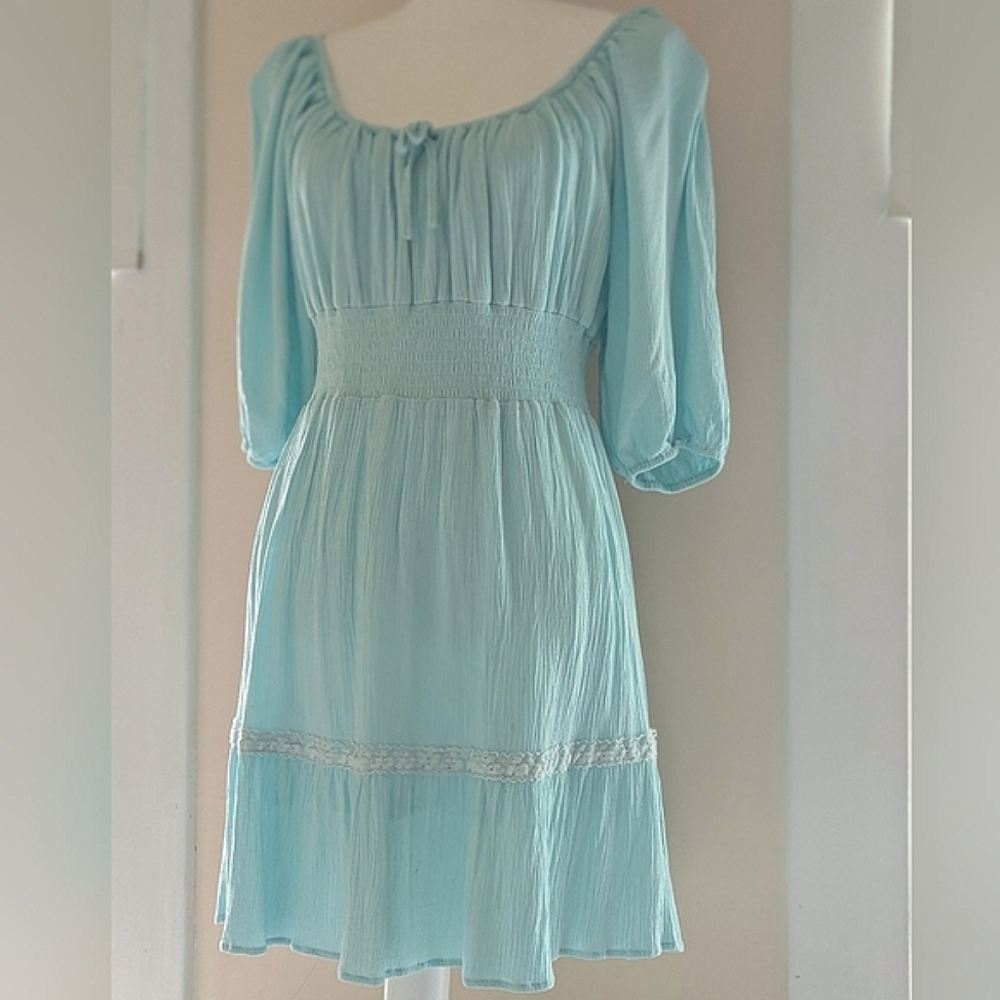 ESQUALO Aqua Mini Dress with Smocked Waist